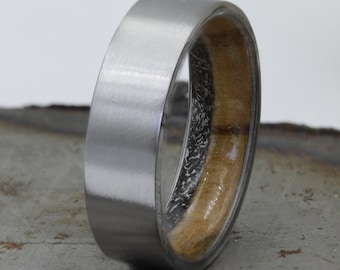 Gibeon Meteorite Ring, Olive Wood Inlay, Titanium Band