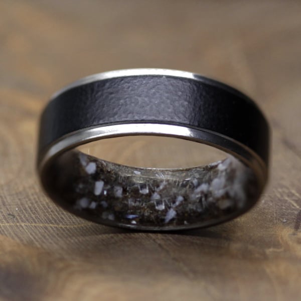 Dinosaur fossil ring, mix with mother of pearl Black Titanium band Unisex ring Raw Stone ring comfort fitting