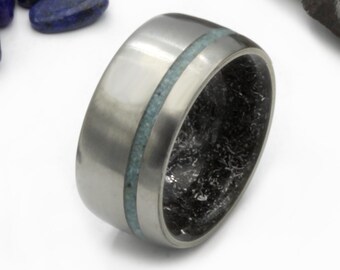 Meteorite ring, wide man ring, Gibeon Meteorite space ring , Turquoise wedding band , dome band , Anniversary Promise ring Unique gift
