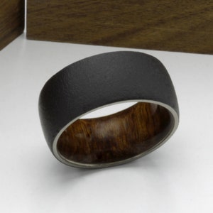 Tamboti ring for men and women, metal wood wedding band , Wooden gift, black Titanium, comfort fit, 5 mm Husband Gifts, Handmade Wood Gift