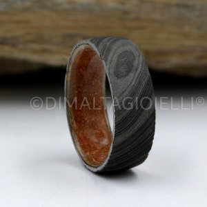 Damascus steel ring Fossil Wood wedding ring black Damascus steel wedding band for men and woman image 1