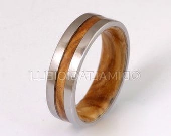 Olive Ring, wood wedding band, 6mm titanium ring, Gift for her, flat men ring , light wood , unique gift