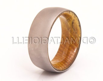 May include: A titanium ring with a wood inlay. The ring is a light gray color and the wood inlay is a light brown color.