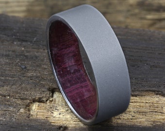 Titanium and Purple heart wood lined Men's Ring with Flat Profile | Stonewashed Matte Finish Titanium | Waterproof Wooden Wedding Band