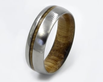 Anillo de madera de barril de whisky, banda de titanio, alianza de boda para hombre