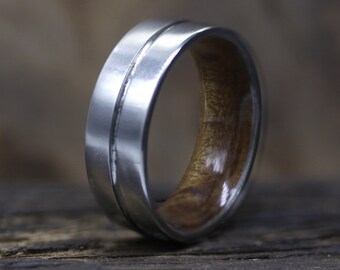 Redwood rings for men and women, metal and wood ring, flat band comfort fit, Gift for her him, Matte finish, 8 mm band