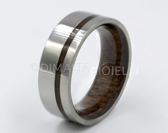 Metal Wood ring lined with Walnut Wood Flat wedding Band, Handmade