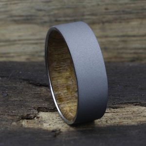 Titanium and Teak wood lined Men&#39;s Ring with Flat Profile | Stonewashed Matte Finish Titanium | Waterproof Wooden Wedding Band