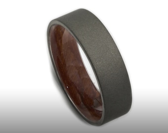 Titanium and Western Red Cedar wood lined Men's Ring with Flat Profile | Stonewashed Matte Finish Titanium | Waterproof Wooden Wedding Band