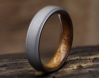 Titanium and Hawaiian Koa wood lined Men's Ring with Flat Profile | Stonewashed Matte Finish Titanium | Waterproof Wooden Wedding Band