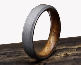 Titanium and Hawaiian Koa wood lined Men's Ring with Flat Profile | Stonewashed Matte Finish Titanium | Waterproof Wooden Wedding Band