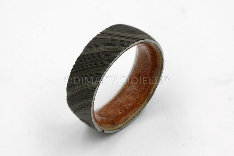 Damascus steel ring Fossil Wood wedding ring black Damascus steel wedding band for men and woman image 3