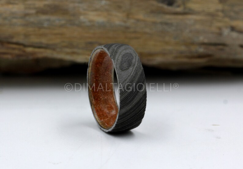 Damascus steel ring Fossil Wood wedding ring black Damascus steel wedding band for men and woman image 1