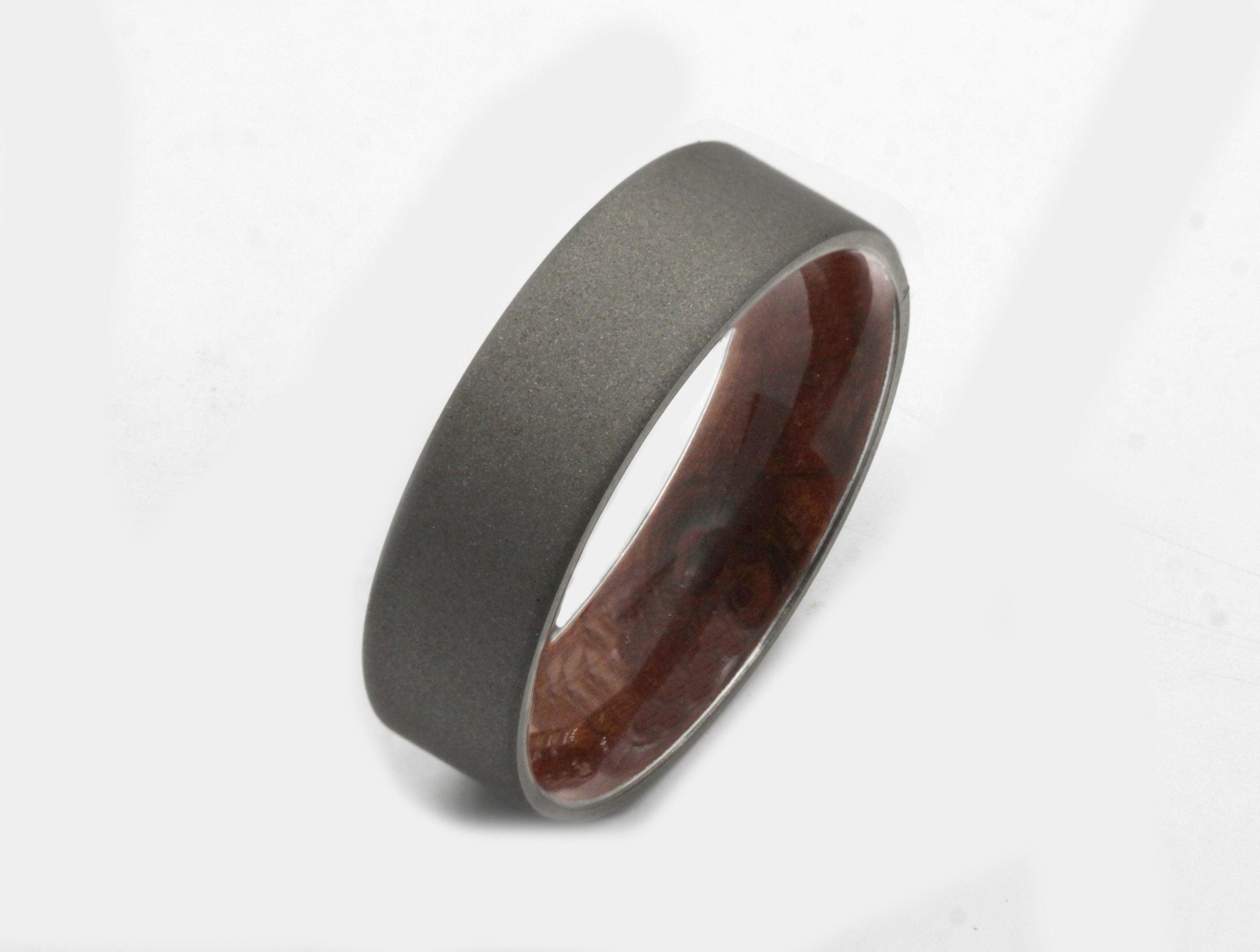 Titanium and Western Red Cedar wood lined Men's Ring with Flat Profile | Stonewashed Matte Finish Titanium | Waterproof Wooden Wedding Band