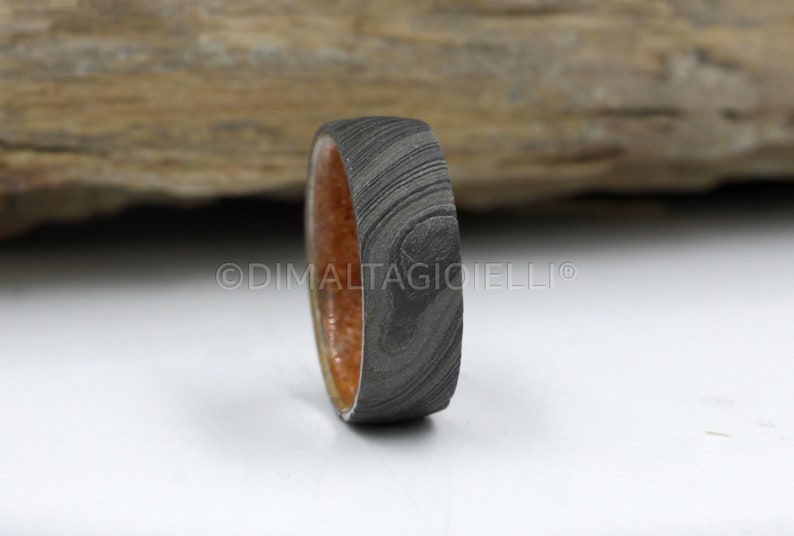 Damascus steel ring Fossil Wood wedding ring black Damascus steel wedding band for men and woman image 8