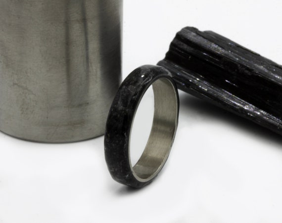 Raw Stone Ring , Black Tourmaline band, Engagement band, Unique Custom Gift his hers, Titanium man ring, October Birthstone, men women size