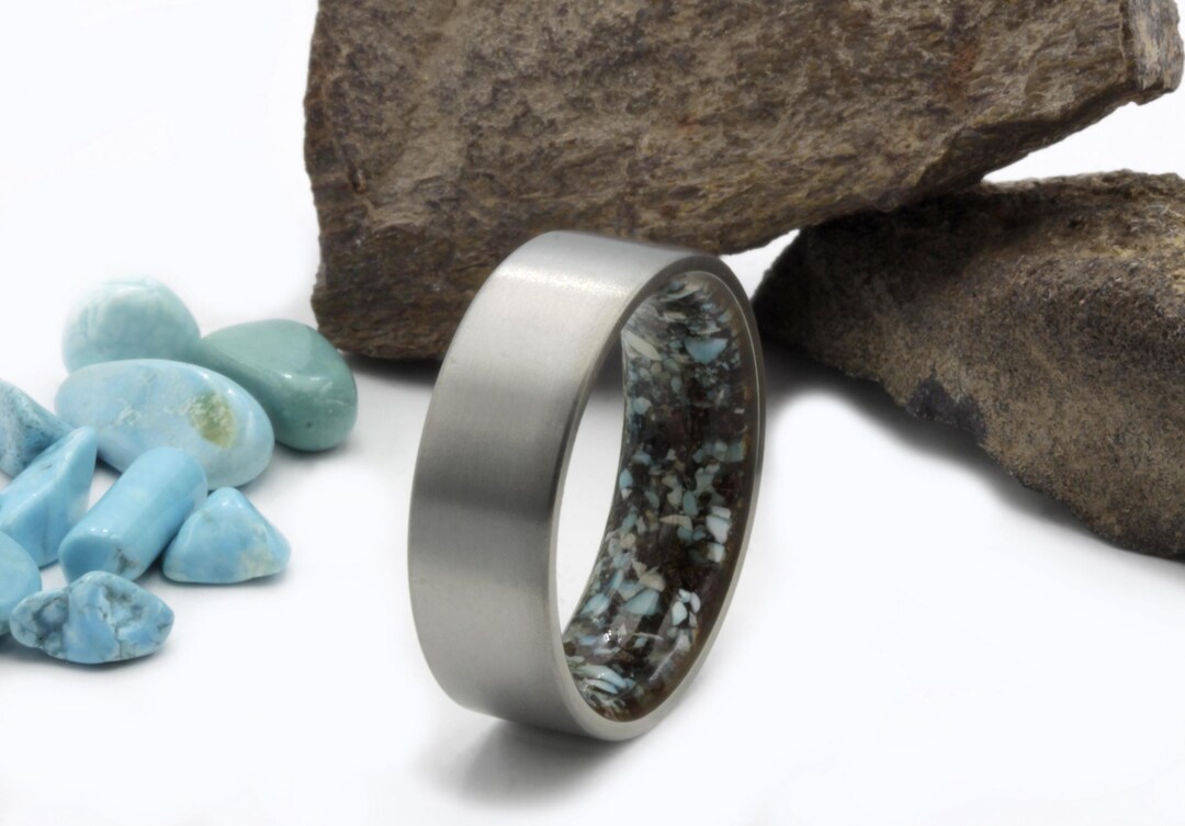 Dinosaur Fossil Ring, Turquoise Men Ring, Men Wedding Band, Wedding ...