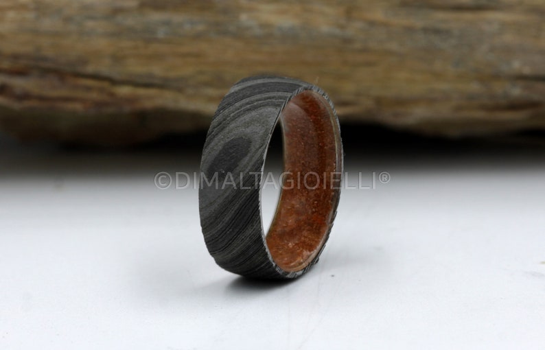 Damascus steel ring Fossil Wood wedding ring black Damascus steel wedding band for men and woman image 6