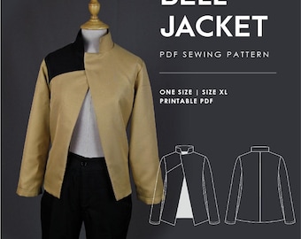 May include: A tan jacket with a black shoulder panel and high collar on a mannequin. Text reads: NEKO PATTERNS, BELL JACKET, PDF SEWING PATTERN, ONE SIZE | SIZE XL, PRINTABLE PDF. Includes a white line drawing of the jacket front and back views.