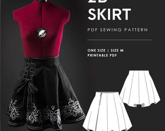May include: A black skirt with white decorative embroidery on a red dress form. Text reads: NEKO PATTERNS, 2B SKIRT, PDF SEWING PATTERN, ONE SIZE | SIZE M, PRINTABLE PDF. Includes a white line drawing of the skirt front and back with a side zipper.