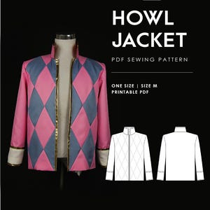 Könnte beinhalten: Eine rosa-blaue Jacke mit Rautenmuster, Stehkragen, Goldbesatz und weißen Manschetten. Der Text lautet NEKO PATTERNS HOWL JACKET PDF SEWING PATTERN ONE SIZE | SIZE M PRINTABLE PDF. Eine weiße Strichzeichnung zeigt die Vorder- und Rückseite.