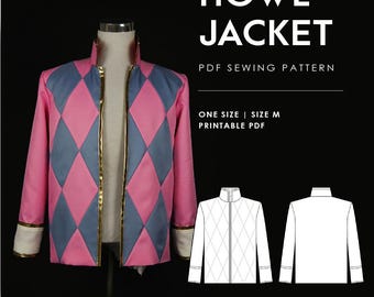 May include: A pink and blue diamond-patterned jacket with a high collar, gold trim, and white cuffs. The text reads NEKO PATTERNS HOWL JACKET PDF SEWING PATTERN ONE SIZE | SIZE M PRINTABLE PDF. A white line drawing shows the front and back of the jacket.