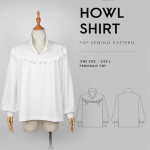 Pode incluir: Uma camisa branca de manga comprida com pala franzida e gola alta num manequim. O texto diz Neko Patterns, Howl Shirt, PDF Sewing Pattern, One Size, Size L, Printable PDF, ao lado de um desenho linear do design da camisa.