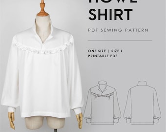 May include: A white long-sleeved shirt with a ruffled yoke and a stand collar displayed on a mannequin. The text reads Neko Patterns, Howl Shirt, PDF Sewing Pattern, One Size, Size L, Printable PDF, alongside a line drawing of the shirt design.