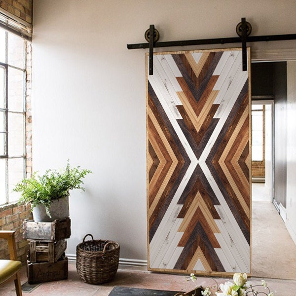 FUNLIFE | Murale de porte en bois tissé à chevrons, art mordern, pelage et bâton, porte de grange coulissante autocollante, sur mesure