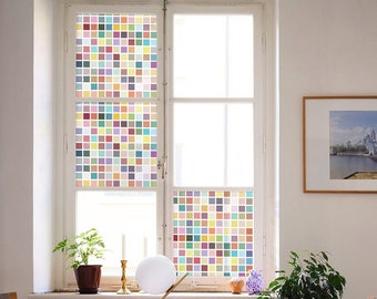 FUNLIFE |Pastel Squares Glass Window Clings, 3D Rainbow Effect, Mosaic Window Stickers, Restick and Removable, Palette Colors Films for Home