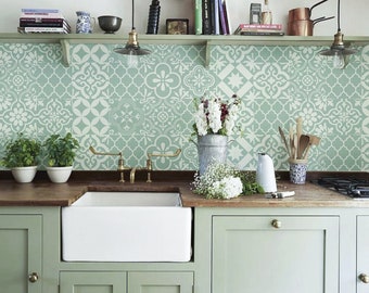 Vintage Peel and Stick Tile Sticker, Light Sage Concrete Pattern Backsplash Decals, Retro Kitchen Remodel Reveal