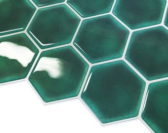 FUNLIFE  | Emerald Hexagon Backsplash Tile Decals for kitchen and Bathroom,  Green Decorative crackle tile，Peel and Stick Tiles, Waterproof