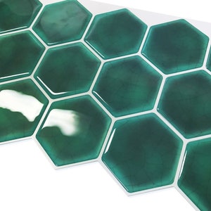 FUNLIFE  | Emerald Hexagon Backsplash Tile Decals for kitchen and Bathroom,  Green Decorative crackle tile，Peel and Stick Tiles, Waterproof