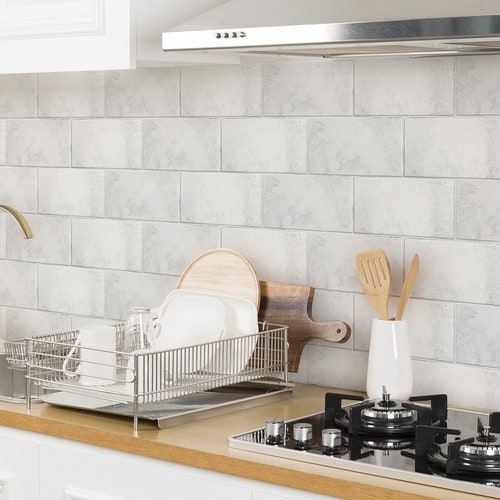 White Brick Peel Stick Wallpaper Gray Stone Kitchen Backsplash Etsy