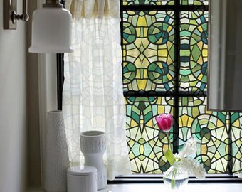 FUNLIFE  | Green Glass Mosaic Privacy Decorative Window Film, Non-Adhesive Window Decals Static Cling, Customize