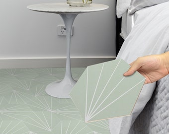 FUNLIFE | Sage Green Floor Tile Sticker, Peel and Stick Hexagon Flooring Decal, White Line Floor, Modern Bathroom Decoration, Waterproof