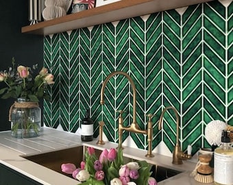 FUNLIFE  | Emerald Herringbone Backsplash Tile Decals for kitchen and Bathroom,  Vintage Decorative tiles，Peel and Stick Tiles, Waterproof