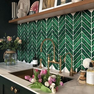 FUNLIFE  | Emerald Herringbone Backsplash Tile Decals for kitchen and Bathroom,  Vintage Decorative tiles，Peel and Stick Tiles, Waterproof