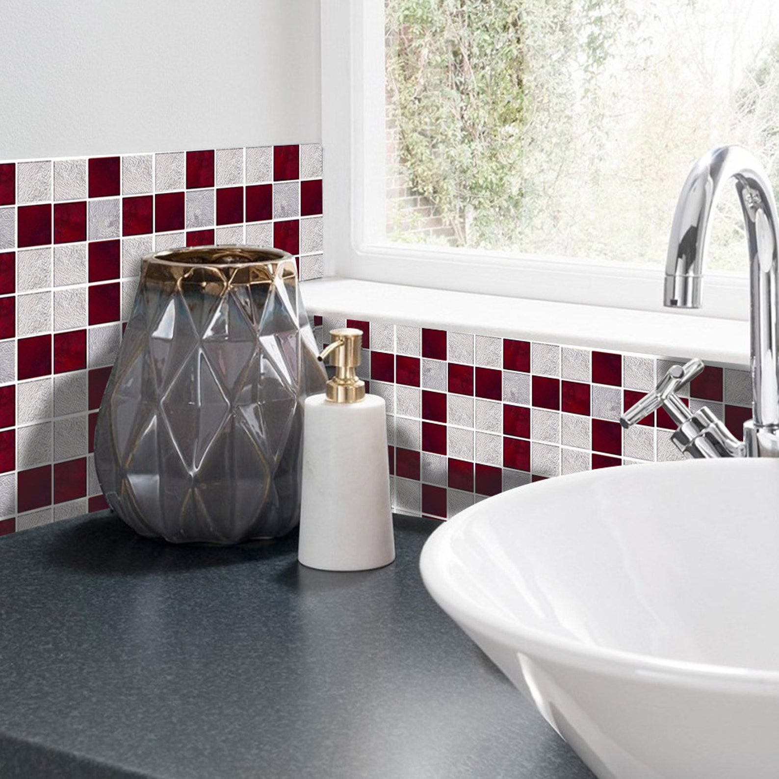 FUNLIFE Red and Gray Mosaic Tile Backsplash Kitchen | Etsy