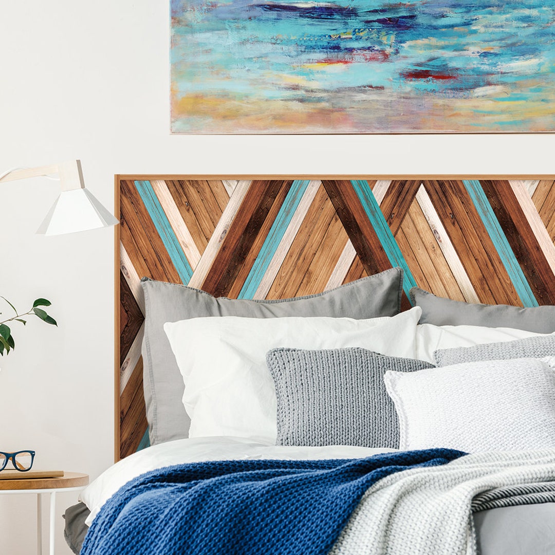 FUNLIFE Peel and Stick Headboard Decal, Wood Grain Brown Chevron Headboard for Bedroom, Self