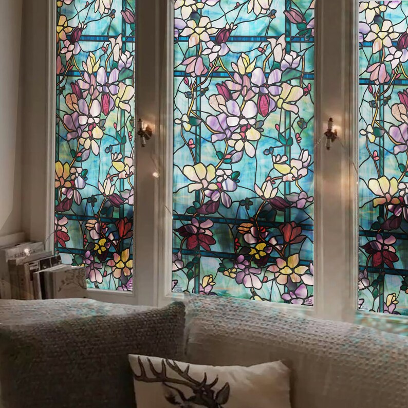 FUNLIFE Magnolia Froste Window Decal Stained Glass Floral Etsy