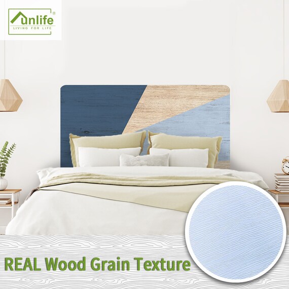 FUNLIFE Blue Geometric Puzzle Wood Grain Headboard Decal DIY Self