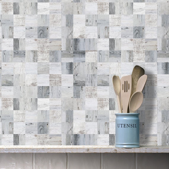 FUNLIFE Gray Wood Mosaic Backsplash Tile Decals Peel and Etsy