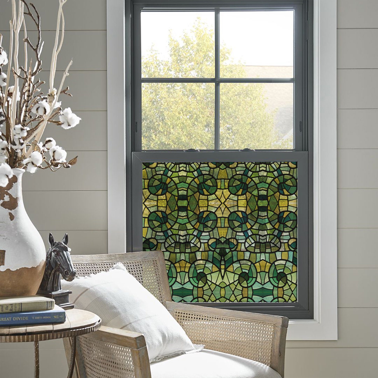 FUNLIFE Green Glass Mosaic Privacy Decorative Window Film