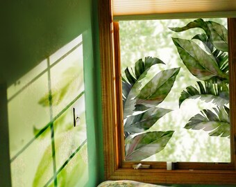 FUNLIFE|Banana Leaves Window Decal, Home Decor Boho, Tropical Plant Window Decor, Reusasble and Static Cling, Botanical Window Sticker