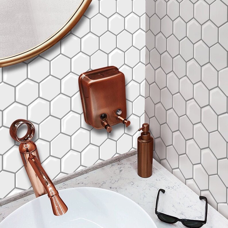 white hexagon peel and stick backsplash