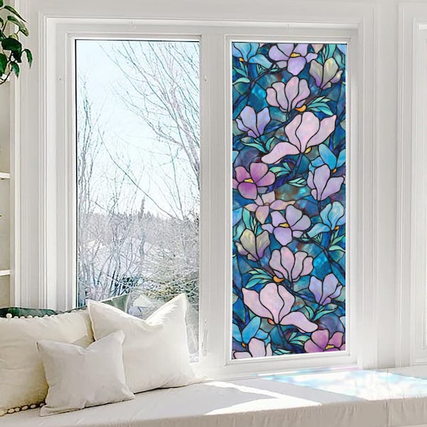FUNLIFE| Magnolien Fensterfolie Art Deco, Blaue Blume Fensteraufkleber, kein Kleber und selbstklebende, botanische Glasfolien für Home Decor