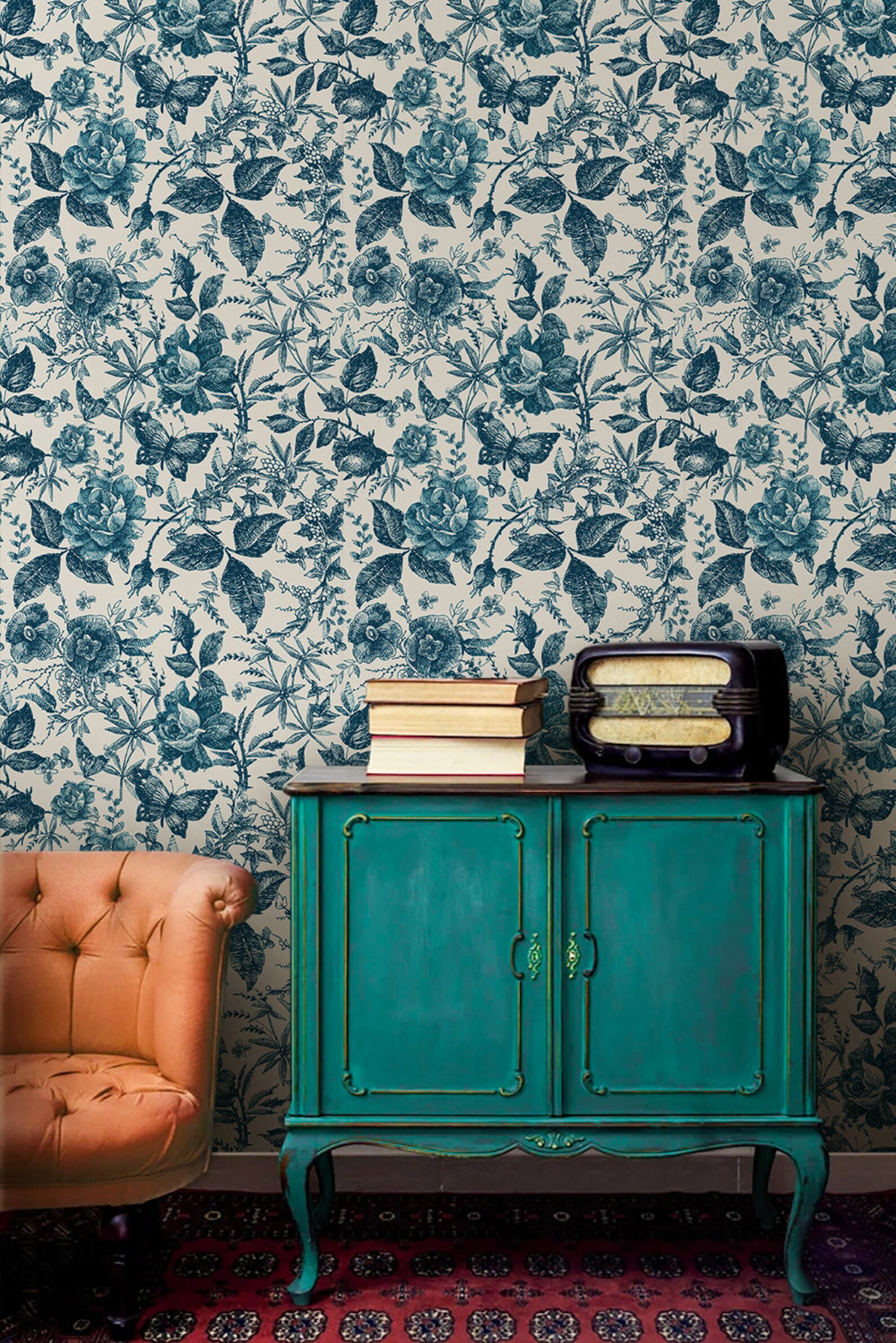 Peel and Stick Flora Furniture Decals Vintage Blue Rose in Etsy UK