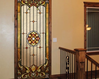 FUNLIFE |Faux Stained Gglass Door Wrap Decal, Hand Painting Door Mural for Classic Panelled Door, Peel and Stick, Door Wallpaper for Bedroom