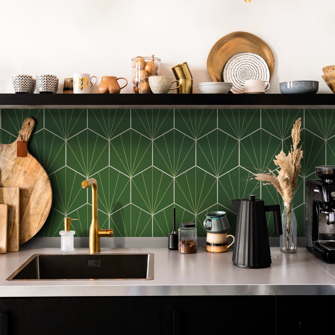 FUNLIFE Green Hexagon Kitchen Wall Tile Decals, Emerald Floor Tile ...
